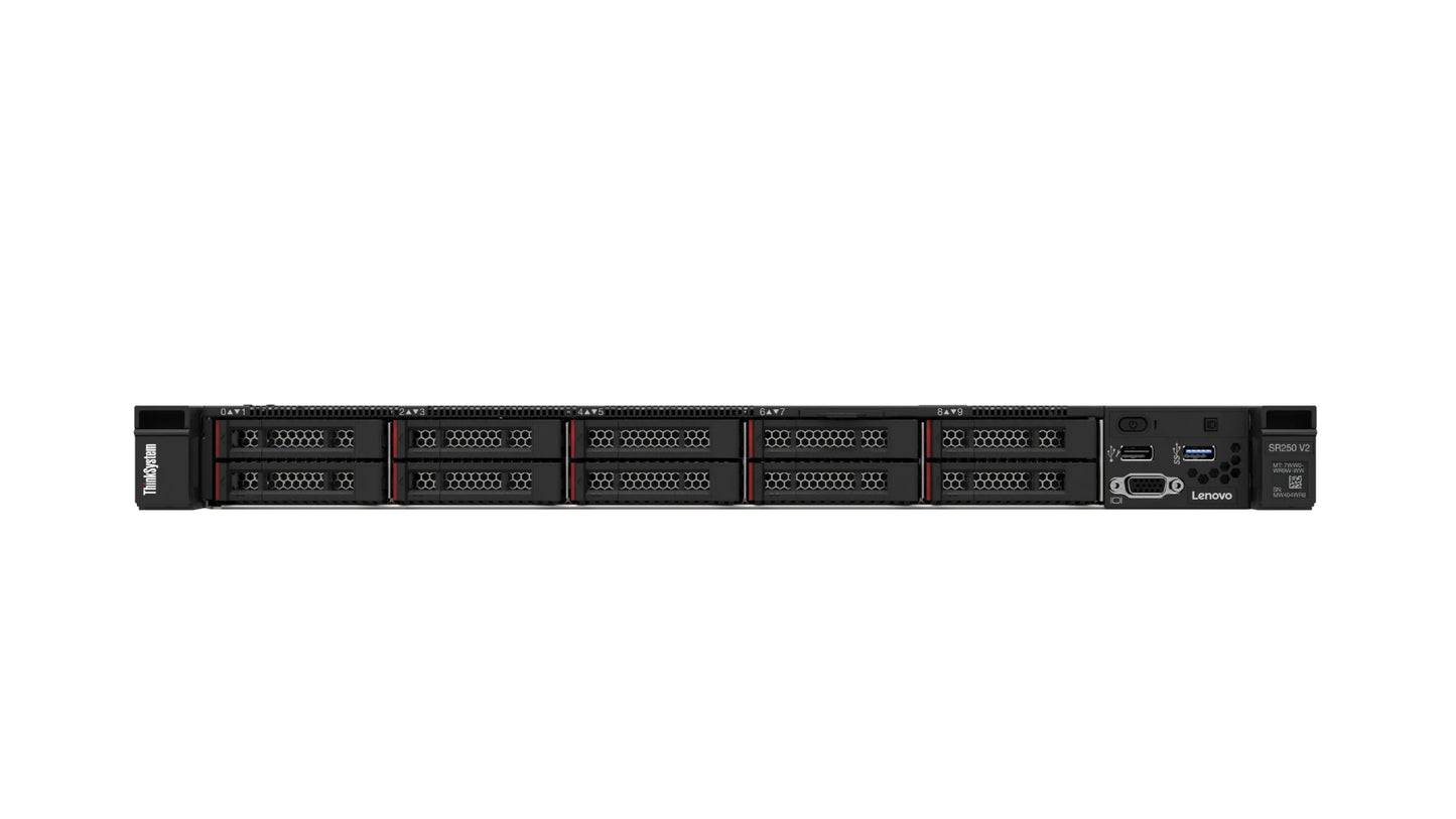 Front view of Lenovo SR250 V2 rack server fully populated with 10x 2.5-inch drive bays