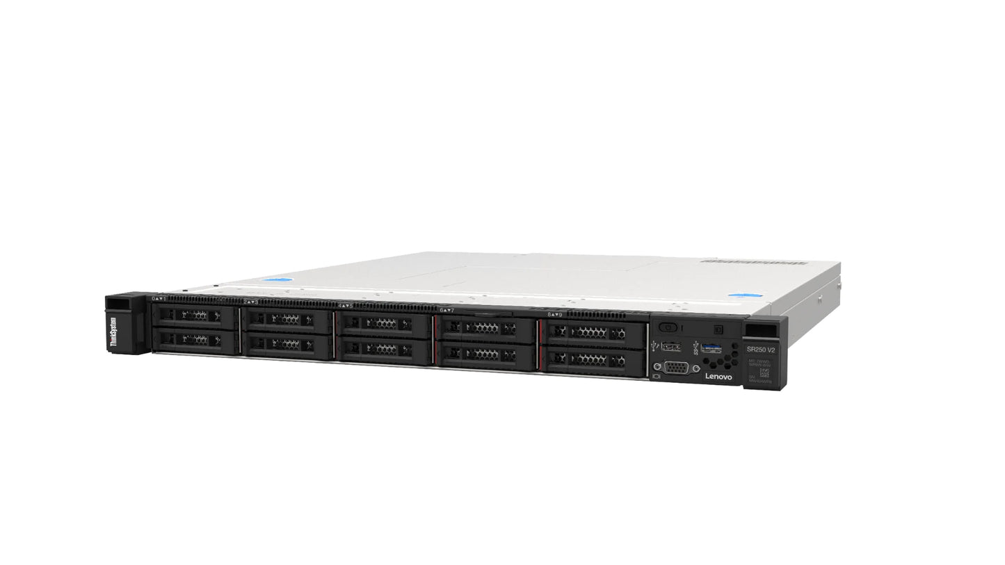 Left angle view of Lenovo SR250 V2 1U server showing chassis depth and front bezel