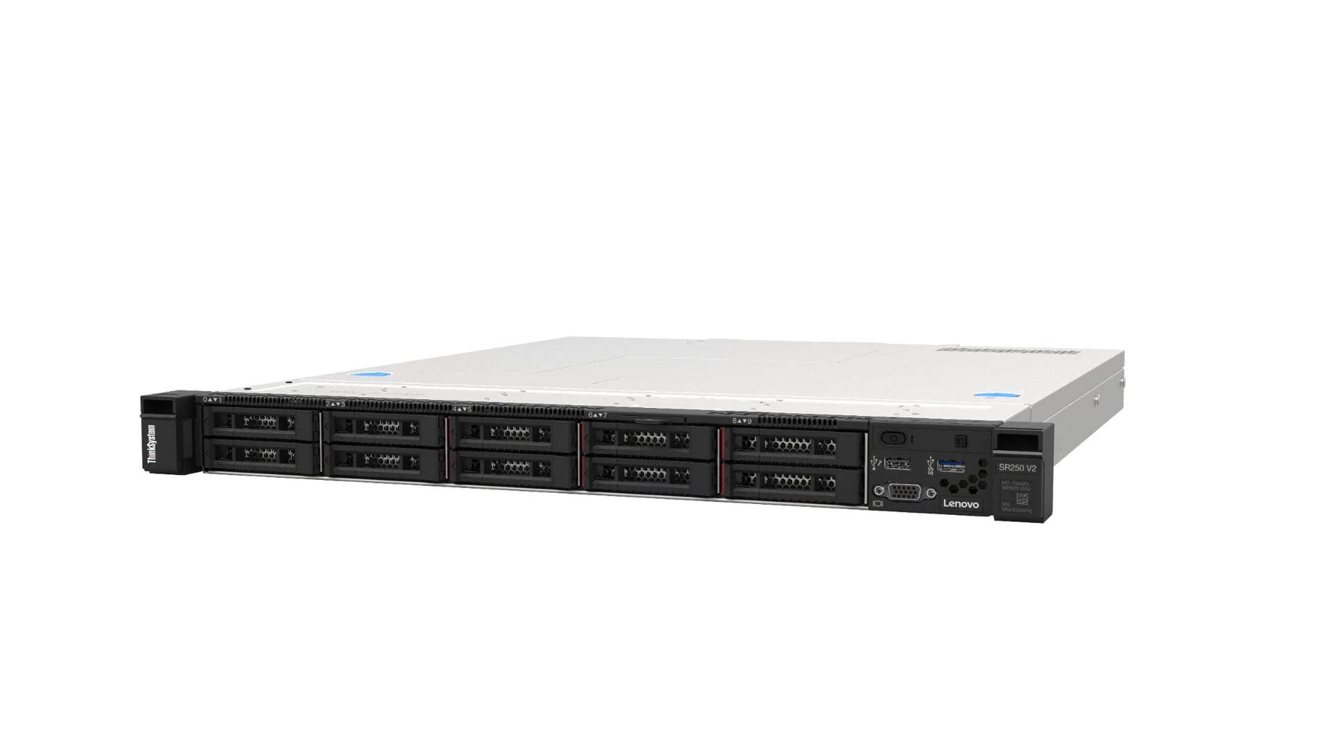 Left angle view of Lenovo SR250 V2 1U server showing chassis depth and front bezel