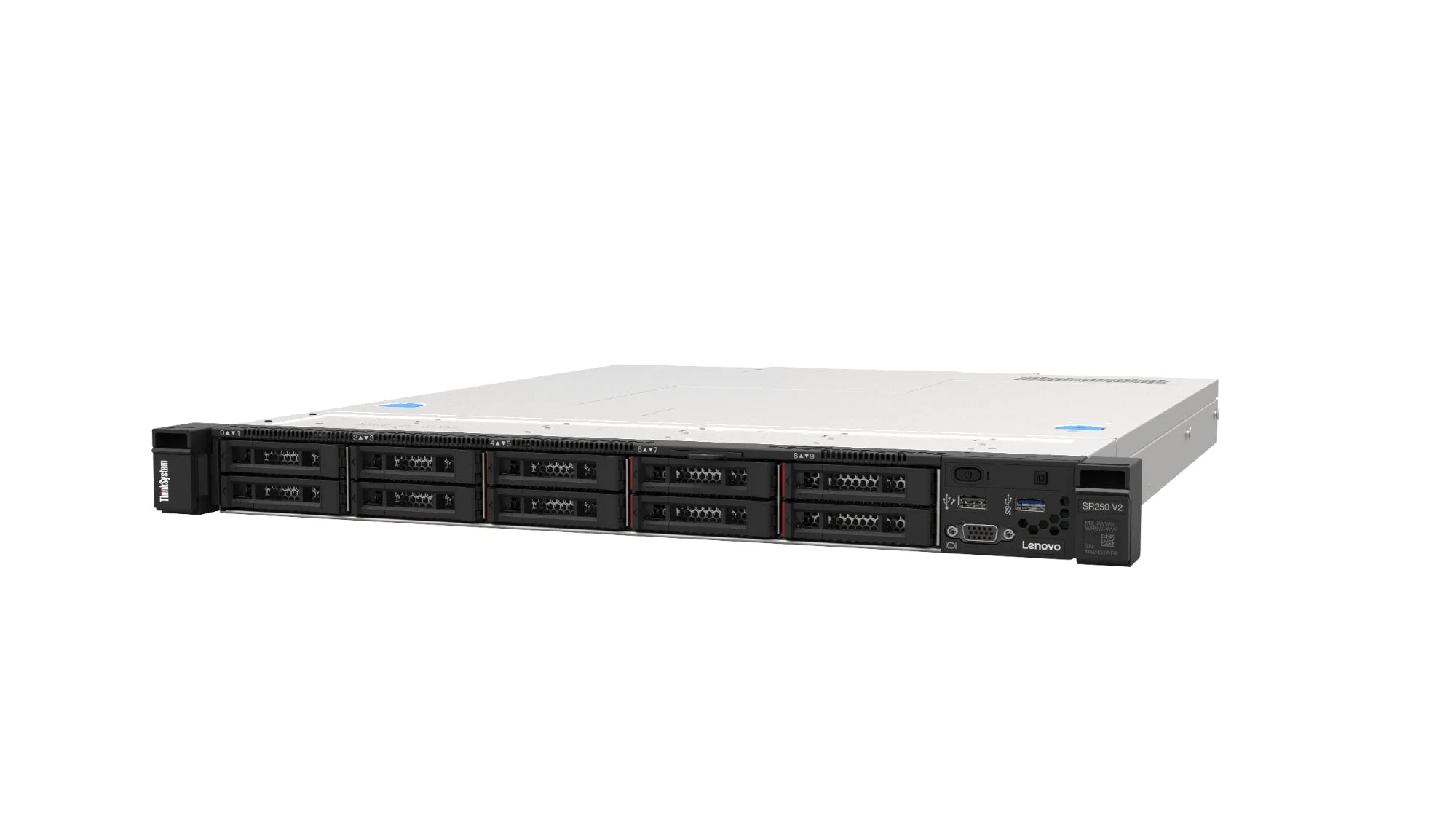 Left angle view of Lenovo SR250 V2 1U server showing chassis depth and front bezel