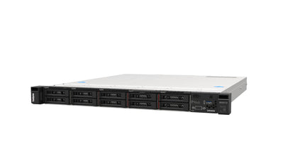 Left angle view of Lenovo SR250 V2 1U server showing chassis depth and front bezel