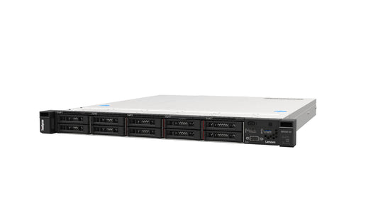 Left angle view of Lenovo SR250 V2 1U server showing chassis depth and front bezel