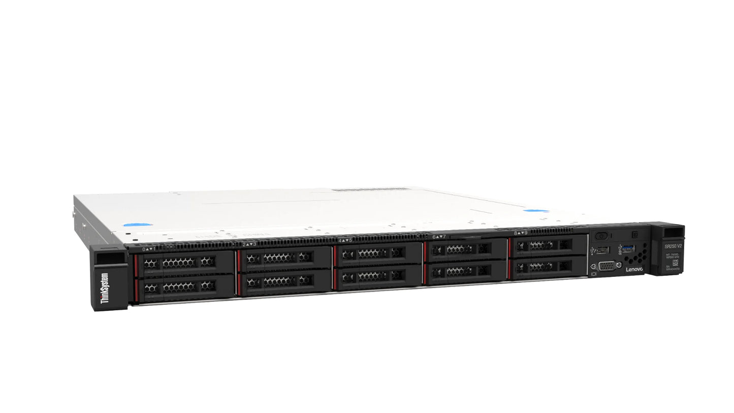 Right angle view of Lenovo SR250 V2 server highlighting rack mount ears and airflow vents