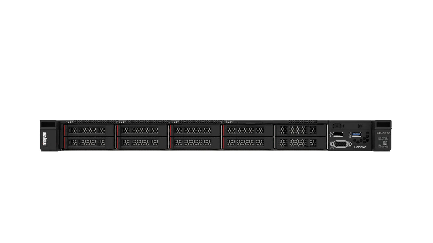 Close-up detail of the 8-bay 2.5" SFF drive configuration on Lenovo SR250 V2 front panel