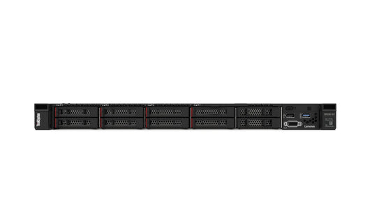Close-up detail of the 8-bay 2.5" SFF drive configuration on Lenovo SR250 V2 front panel