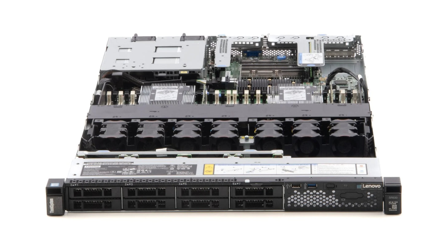 Exploded view of Lenovo SR630 server components including motherboard, fans, and backplane