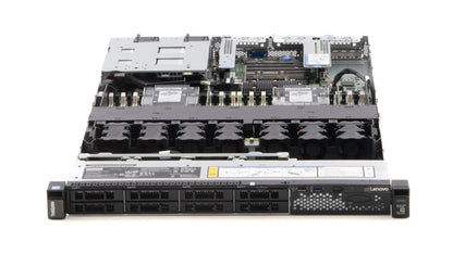 Exploded view of Lenovo SR630 server components including motherboard, fans, and backplane