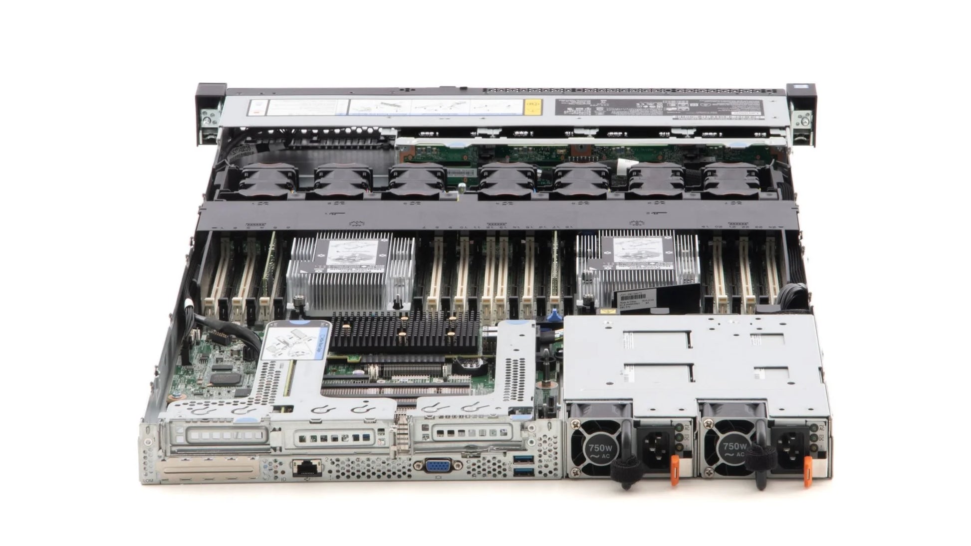 Internal chassis view of Lenovo SR630 showing dual Intel Xeon Silver processor sockets and RAM