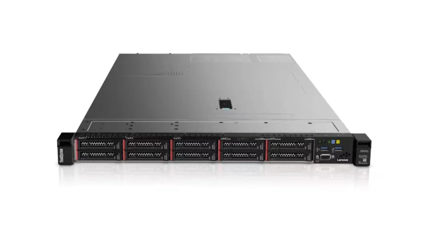 Front view of Lenovo SR635 server showing the layout of 10x 2.5" SFF drive bays