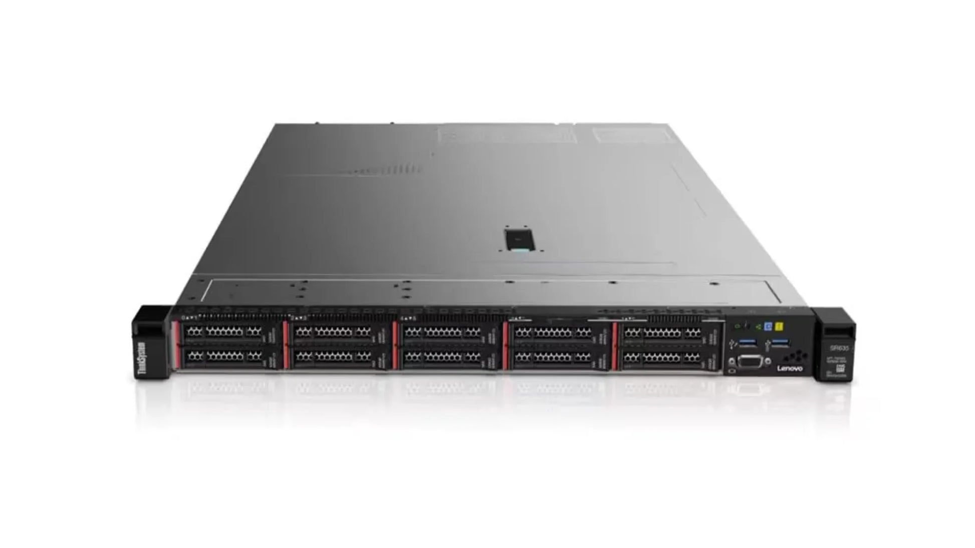 Front view of Lenovo SR635 server showing the layout of 10x 2.5" SFF drive bays