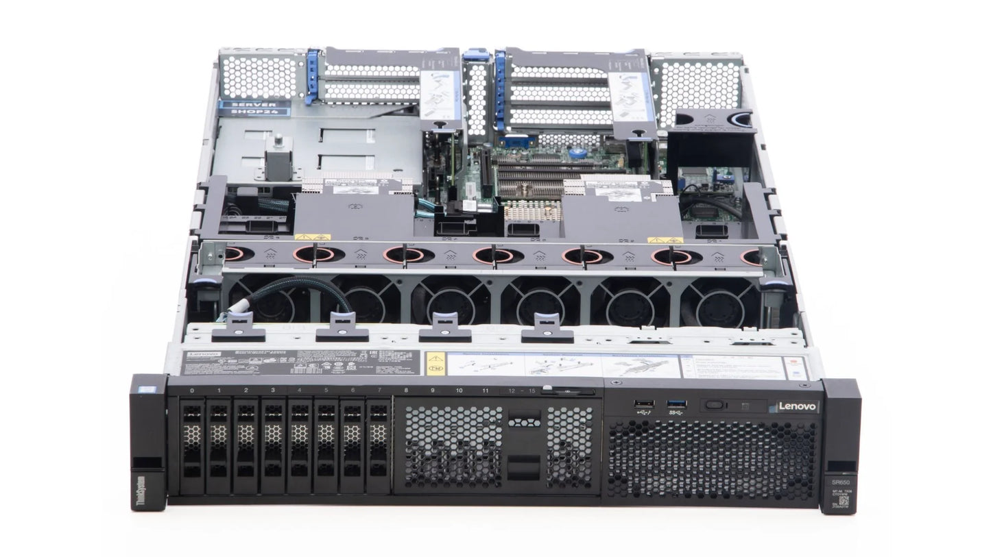 Internal chassis view of Lenovo SR650 featuring dual Xeon Scalable processors and cooling