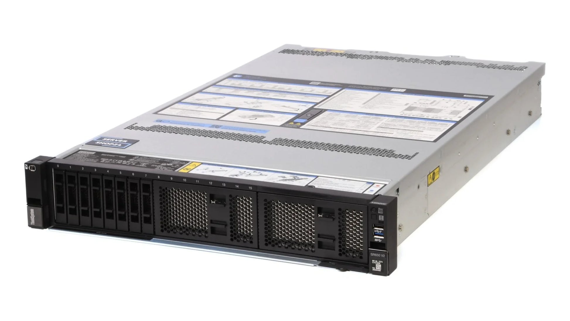 Front view of Lenovo SR650 V2 server showing 8x 2.5-inch SAS/SATA drive bays configuration