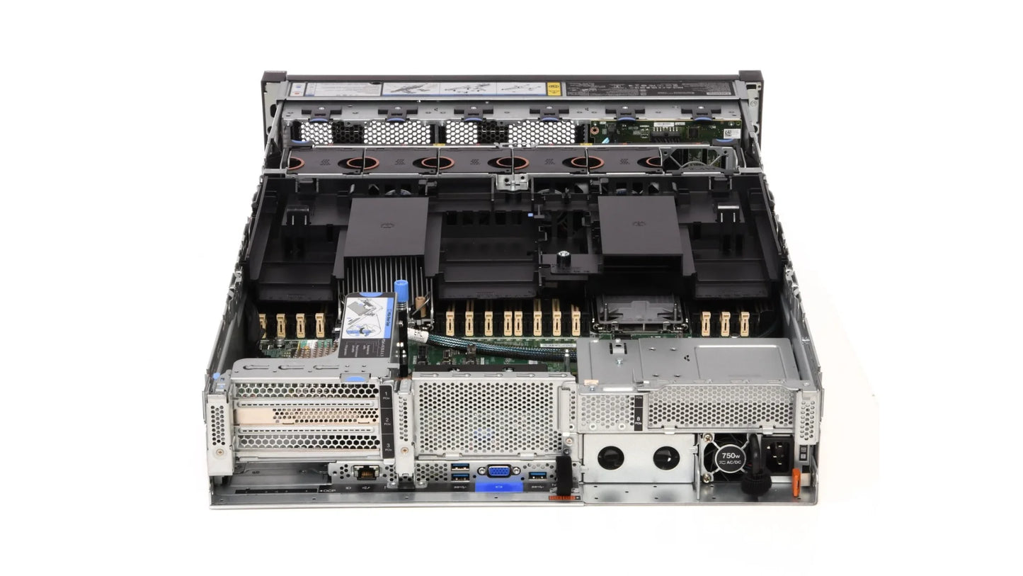 Close-up of internal PCIe riser cages and expansion slots on Lenovo SR650 V2 motherboard