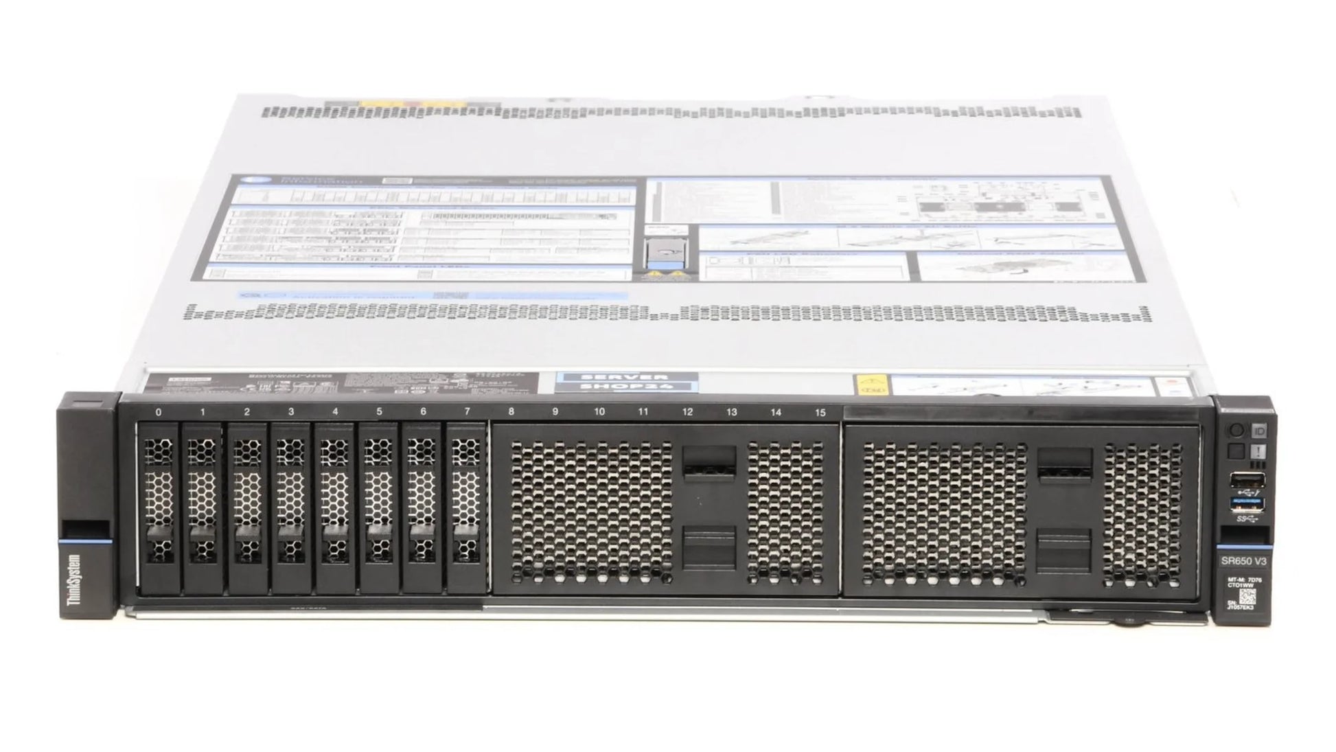 Front view of Lenovo SR650 V3 showing 16x 2.5-inch NVMe/SSD drive bays layout