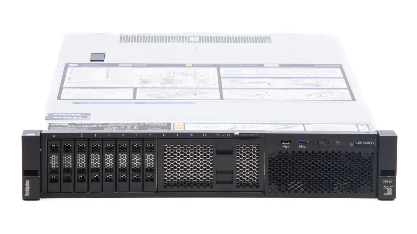 Right angle view of Lenovo SR650 2U rack server showing metal chassis construction