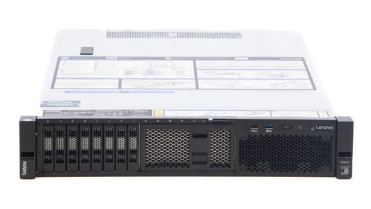 Right angle view of Lenovo SR650 2U rack server showing metal chassis construction